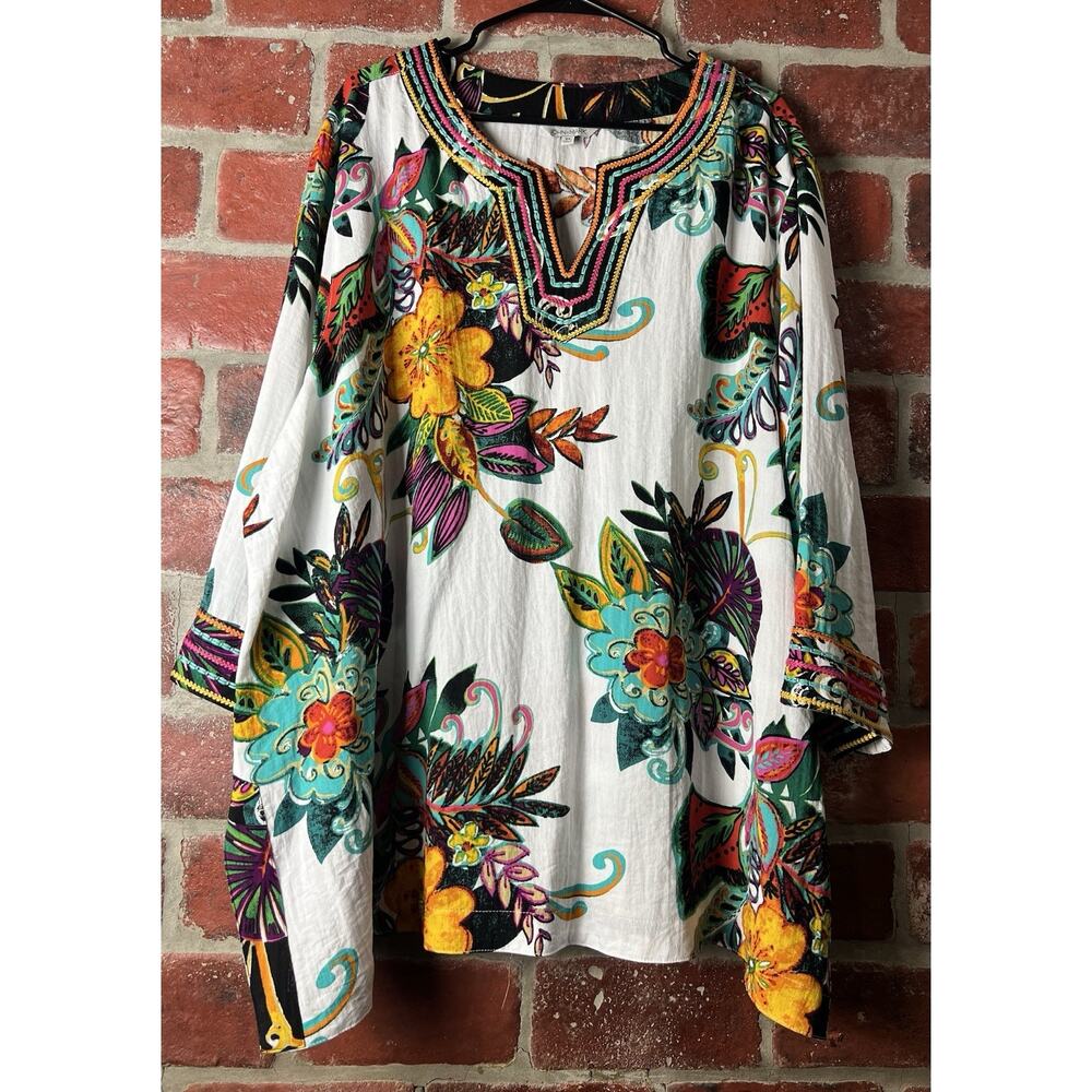 John Mark Floral Tunic Top Embroidered Boho Artsy Festival Colorful Size 3X